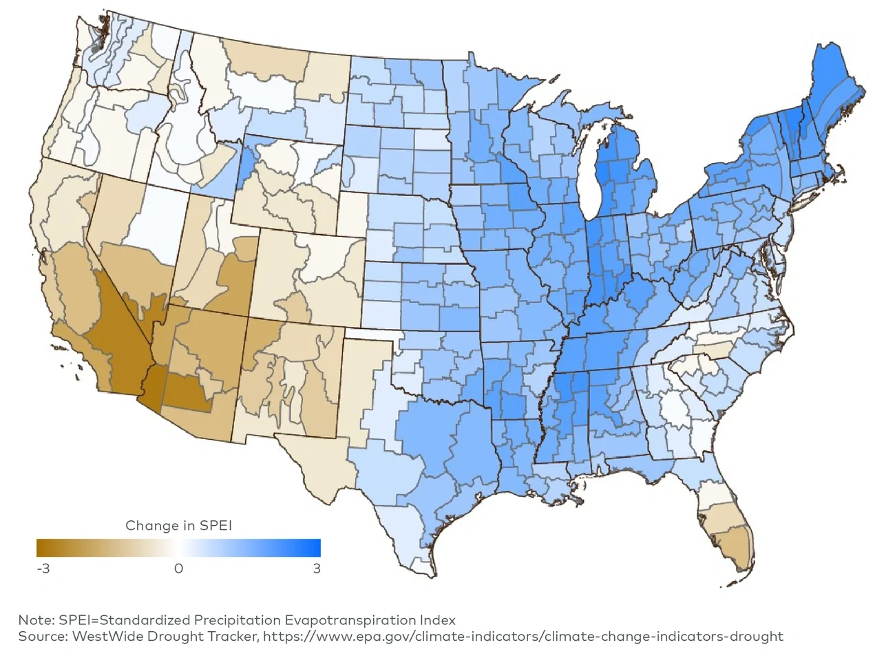 US average change in drought (five-year SPEI) (1900-2020)